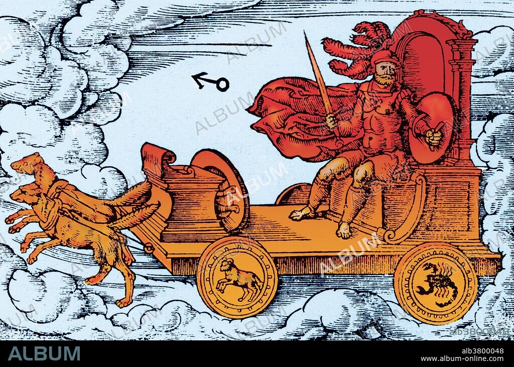 Mars, fully armed and armored, rides his dog-drawn chariot, its wheels bearing the symbols of his astrological 'houses', Aries and Scorpio. Also note the astronomical symbol for the planet Mars, which is the same symbol for the male sex, as well as the alchemical symbol for iron. Its shape is derived from Mars' sword and shield.Mars was the Roman god of war and also an agricultural guardian, a combination characteristic of early Rome. He was second in importance only to Jupiter, and he was the most prominent of the military gods worshipped by the Roman legions. His festivals were held in March, the month named for him (Latin Martius), and in October, which began and ended the season for military campaigning and farming. Under the influence of Greek culture, Mars was identified with the Greek god Ares, whose myths were reinterpreted in Roman literature and art under the name of Mars. Although Ares was viewed primarily as a destructive and destabilizing force, Mars represented military power as a way to secure peace, and was a father (pater) of the Roman people. In the mythic genealogy and founding myths of Rome, Mars was the father of Romulus and Remus with Rhea Silvia. His love affair with Venus symbolically reconciled the two different traditions of Rome's founding.