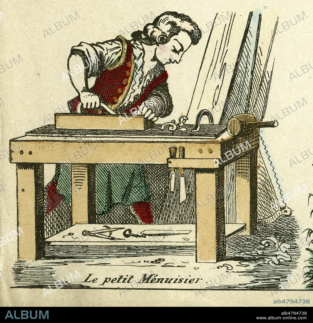 'Le petit menuisier'. Detail de la planche 'Les petits travailleurs'. Imagerie populaire Gangel freres et P. Didion a Metz. Illustration anonyme pour une gravure mi 19eme siecle. Credit : Collection : IM/KHARBINE-TAPABOR.