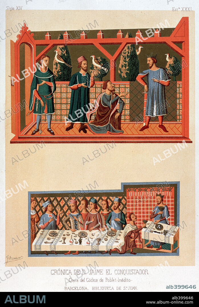 King James I the conqueror el conquistador of Aragon Spain (1208-76) with falcon and at banquet, Copy from the codice of Poblet.