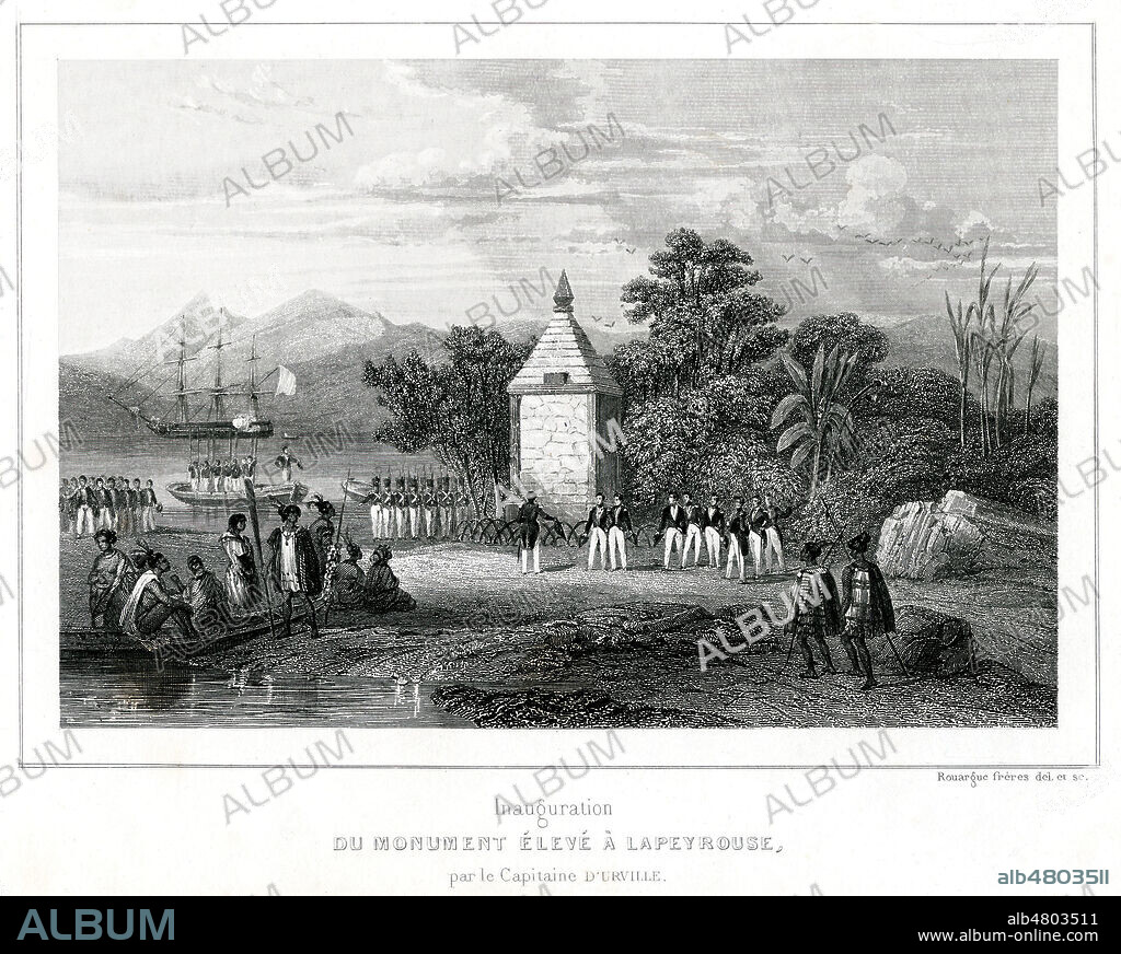 Inauguration du monument eleve a LAPEYROUSE (1741-1701) par le capitaine DUMONT D'URVILLE (1790-1842). Illustration de ROUARGUE freres pour Les Navigateurs francais. par Leon GUERIN (1807-1885). Credit : Collection Jonas/Kharbine-Tapabor.
