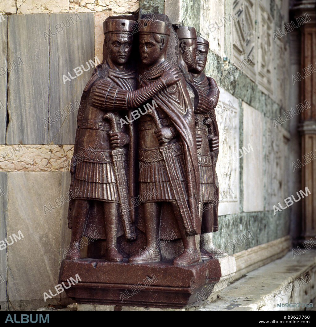 Diocletian (245-313), Roman emperor (284-305), porphyry sculpture outside of San Marco in Venice, representing the Tetrarchs: Maximian, Valerio, Constancio and Diocletian.