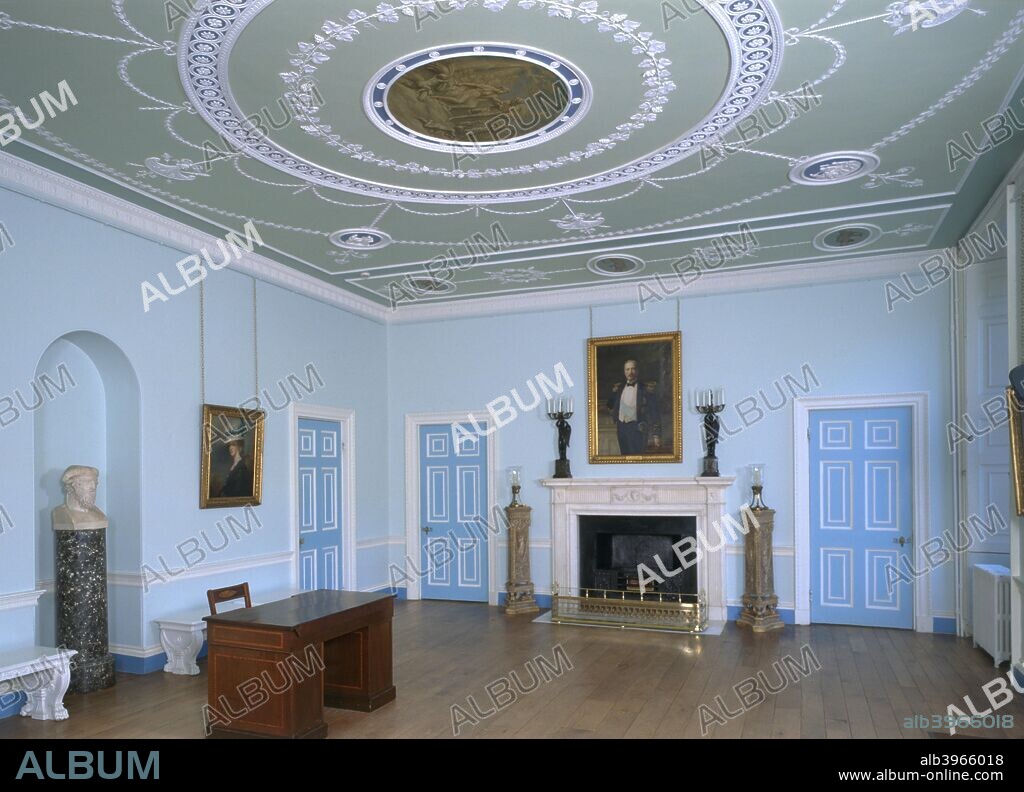 The entrance hall of Kenwood House, 1997. Pictured here after redecoration,  the ceiling is particularly decorative. Kenwood House was remodelled by Robert Adam for the judge Lord Mansfield, between 1764 and 1773.