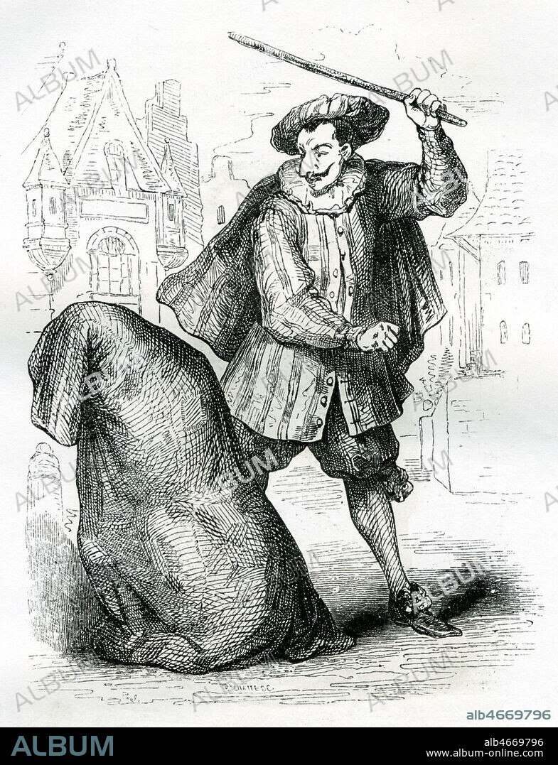 Les Fourberies de Scapin de MOLIERE (1622-1673). Geronte dans son sac et Scapin (Acte III Scene 2). Illustration de 1843 par Tony JOHANNOT (1803-1852) pour Oeuvres de Moliere. Mise en couleurs par nos soins). Credit : Collection KHARBINE-TAPABOR.