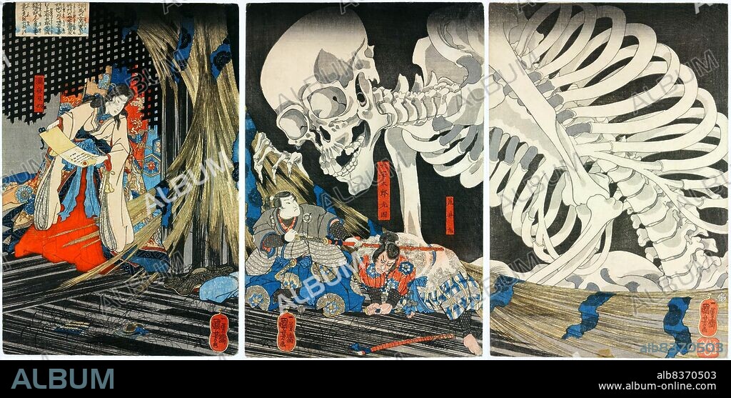 Takiyasha the Witch and the Skeleton Spectre is a woodblock print by the Japanese artist Utagawa Kuniyoshi (1798-1861), who was especially renowned for his depictions of historical and mythical scenes. This print portrays tenth-century princess Takiyasha summoning a skeleton spectre to frighten Mitsukuni.<br/><br/>. The princess is reciting a spell written on a handscroll. She summons up a giant skeleton which comes rearing out of a terrifying black void, crashing its way through the tattered palace blinds with its bony fingers to menace Mitsukuni and his companion. Princess Takiyasha was the daughter of the provincial warlord Taira no Masakado who tried to set up an 'Eastern Court' in Shimsa Province, in competition with the emperor in Kyto. However, his rebellion was put down in the year 939 and Masakado was killed.<br/><br/>. After his death, Princess Takiyasha continued living in the ruined palace of Sma. This print shows the episode from the legend when the emperor's official, ya no Mitsukuni, comes to search for surviving conspirators.