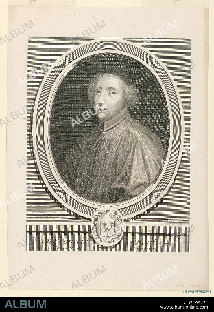 Portrait of Jean François Senault (1601-1672), Jacques Lubin, French, 1637 - 1695, Engraving on paper, Half-length portrait in three-quarter view facing left. The sitter wears a scull-cap and surplice. The portrait is in an oval frame with coat-of-arms in lower part., France, 1696-1700, Print, Print.