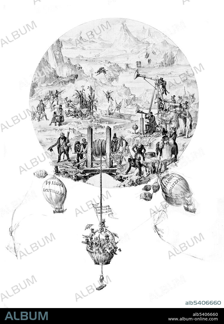 Illustration relating to the Great Moon Hoax with people spying on human-bat creatures on the Moon as other people are transported between Earth and the Moon by way of a balloon basket. The Great Moon Hoax refers to a series of articles that were published in 1835 by The Sun, a New York newspaper, about the discovery of life on the Moon, falsely attributed to English astronomer John Herschel. The articles described fantastic animals, including unicorns, bipedal tail-less beavers and bat-like winged humanoids (Vespertilio-homo) who built temples. There were trees, oceans and beaches. Authorship of the articles have been attributed to Richard Adams Locke. Illustrated by F. Wenzel, 1830s.