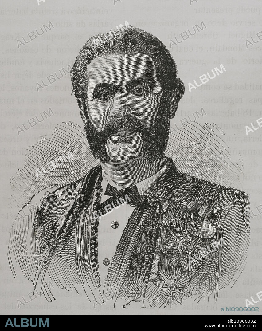 Nicolás I Mirkov Petrovic-Njegos (1841-1921). Príncipe de Montenegro (1860-1910) y rey (1910-1918). Retrato como príncipe. Grabado. "La Guerra de Oriente". Tomo I. 1877.