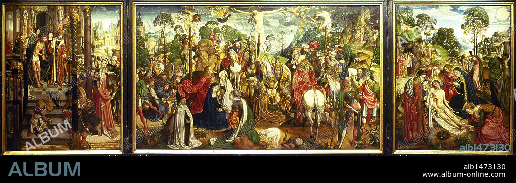 MASTER OF THE AACHEN ALTARPIECE. The Aachen Passion Altar. 1505-1510. By the Master of the Altars of Aachen, From left to right: Ecce Homo, Calvary and Lamentation of Christ. Late Gothic anonymous painter. Treasury Museum of the Cathedral of Aachen. Germany.