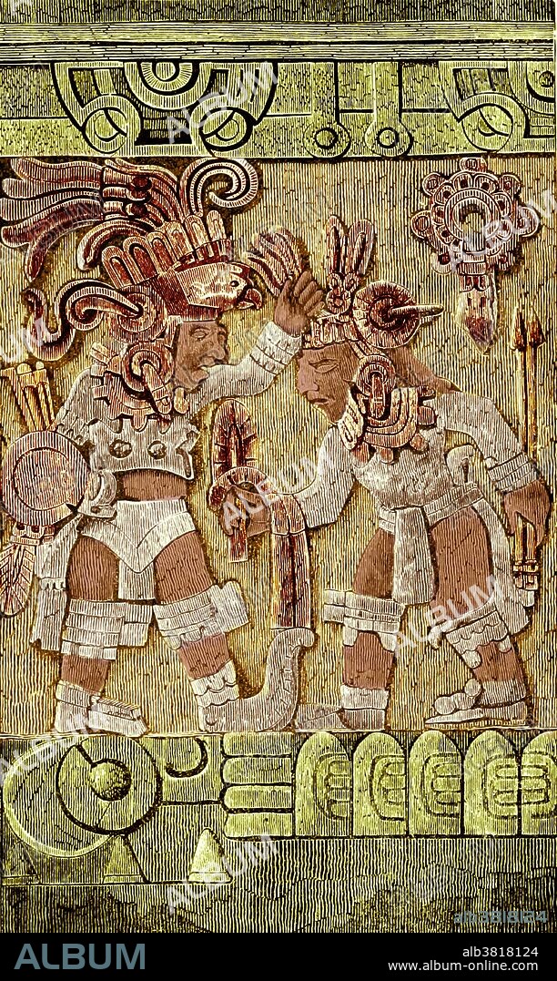 The Stone of Tizoc is a large, round, carved Aztec stone made of basalt and measures 2.8 feet deep by 8.76 feet wide. The stone depicts Texcatlipoca, a major Aztec god, holding the patron gods of other places by the hair. The toponyms are written in a mixture of logographic and syllabic signs. The stone also depicts the stars at the top rim, emphasizing the heavens; triangular points at the bottom edge represent the earth. The warriors carved into the stone are holding the hair of their enemies gods, a gesture which represented submission and defeat in the Aztec culture. The Stone of Tizoc may have been used as a means of sacrifice or for the use of mock battles between a group of warriors and the victim, who was tied to the stone and given a feathery club while the warriors had sharp swords or clubs. The importance of the Stone of Tizoc is that it was used during the human sacrifices. Image taken from page 131 of "Mexico, Aztec, Spanish and Republican: or historical, geographical, political, statistical and social account of that country from the period of the invasion to the present time" by Brantz Mayer, 1852.