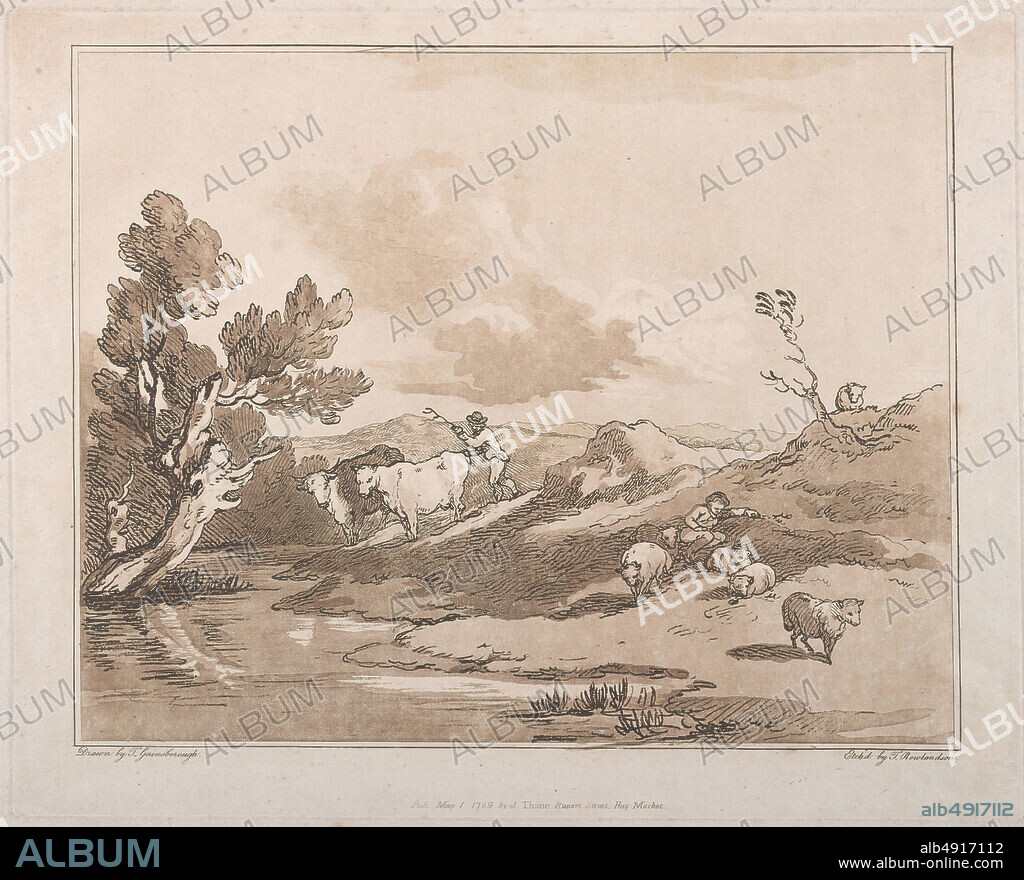 Thomas Rowlandson, Landscape with a Figure Herding Cattle, and a Shepherd Resting, Imitations of Modern Drawings, After Thomas Gainsborough (British, Sudbury 17271788 London), Associated with Carl Friedrich Abel (German, Cöthen 17231787 London), May 1, 1789, Etching, soft-ground etching and aquatint, printed in brown ink, Plate: 11 7/8 × 14 7/8 in. (30.2 × 37.8 cm), Sheet: 13 11/16 × 15 9/16 in. (34.7 × 39.5 cm), Prints.