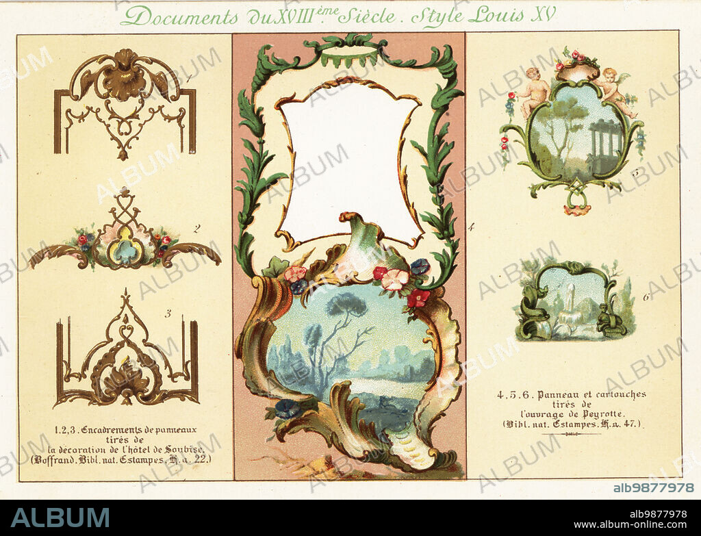 Design elements from the era of King Louis XV, 18th century. 1-3 frames of panels from the Hotel de Soubise by Germain Boffrand, 4-6 panel and cartouches by Alexis Peyrotte. Chromolithograph designed and lithographed by Ernst Guillot from Elements d'Ornementation du XVIIIe Siecle, Elements of Ornament of the 18th century, Renouard, Paris, 1890.