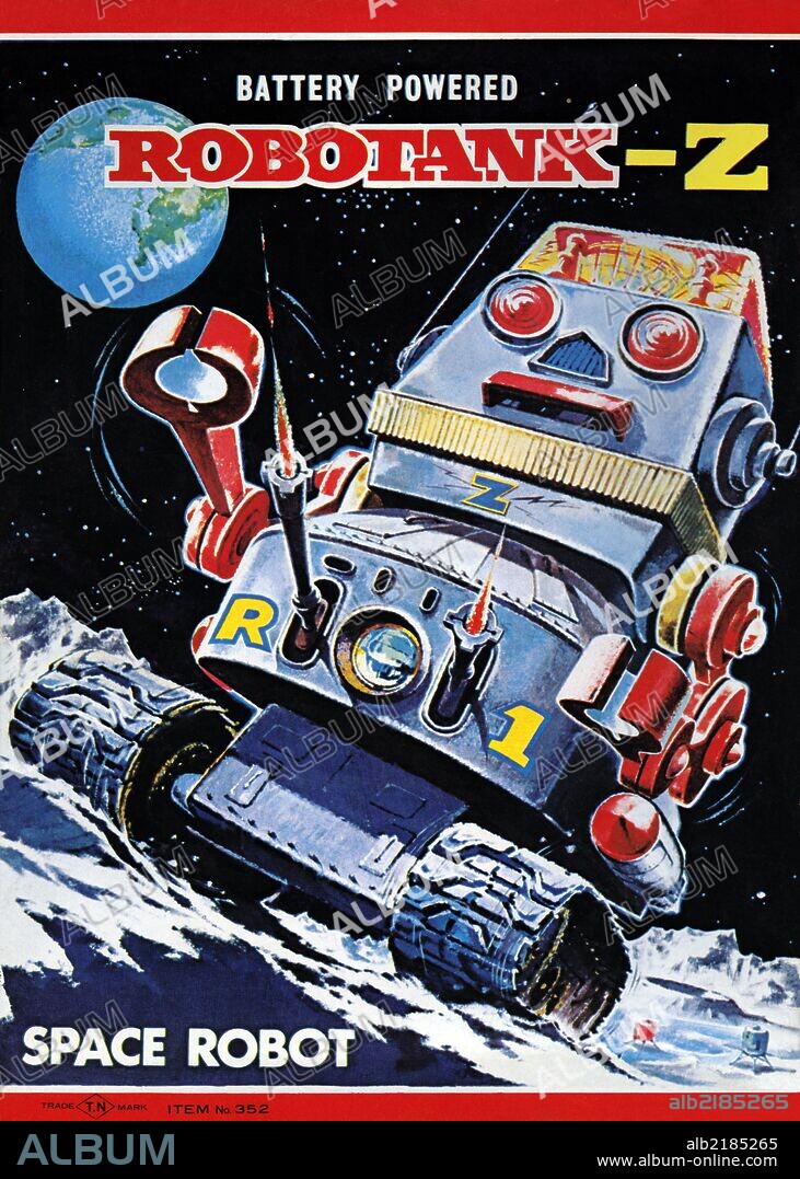 The 1950's was a time of wonder and the universe was the focus of many young imaginations.  Hollywood adopted science fiction and the toy industry followed closely.  The Japanese manufactured toy robots for the children of America and designed great boxes to hold these vintage tin toys.  This illustration art comes directly from these boxes.