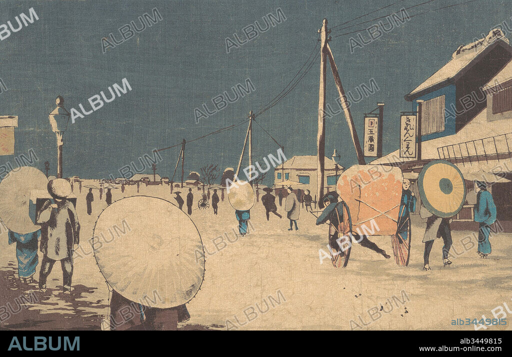 Street Scene in the Outskirts of Edo on an Evening in Winter, Meiji period (1868–1912), ca. 1878, Japan, Polychrome woodblock print; ink and color on paper, 9 5/32 x 13 5/8 in. (23.3 x 34.6 cm), Prints, Kobayashi Kiyochika (Japanese, 1847–1915).