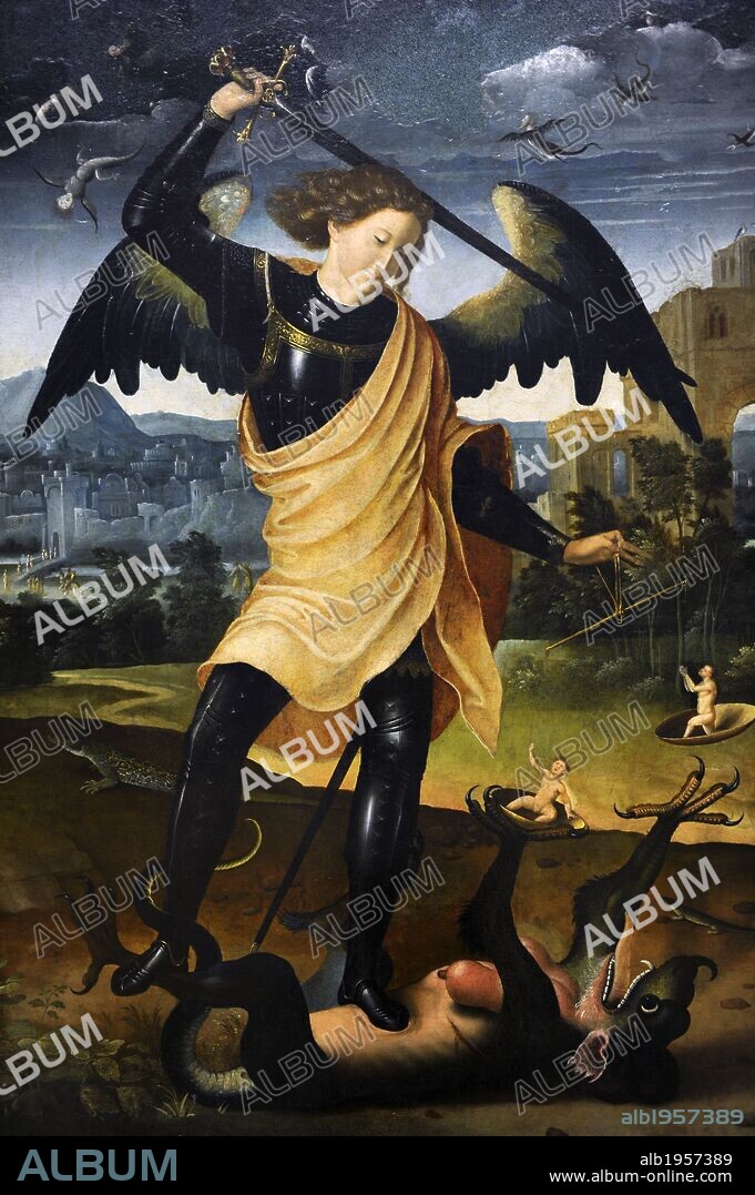 ARTE RENACIMIENTO. EUROPA. Autor español desconocido. El Arcángel Miguel matando al dragón, 1500. Museo Nacional de Arte de Copenhague (Statens Museum for Kunst). Dinamarca.
