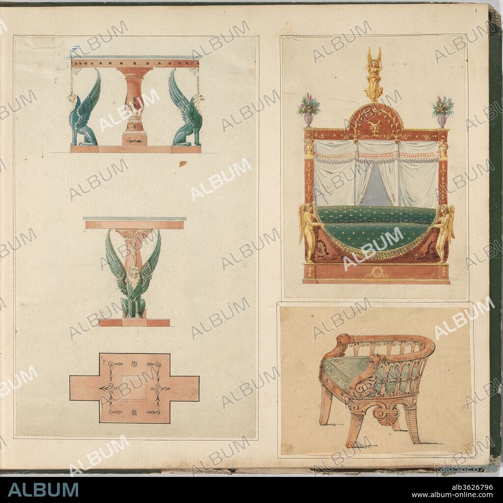 PIERRE ANTOINE BELLANGE, LOUIS-ALEXANDRE BELLANGE, ATTRIBUTED TO JEAN DÉMOSTHÈNE DUGOURC and ATTRIBUTED TO JACQUES LOUIS DE LA HAMAYDE DE SAINT-ANGE. Designs for Furniture. Artist: Pierre Antoine Bellangé (French, Paris 1758-1827 Paris); Louis-Alexandre Bellangé (French, 1797-1861); Attributed to Jean Démosthène Dugourc (French, Versailles 1749-1825 Paris); Attributed to Jacques Louis de La Hamayde de Saint-Ange (French, 1780-1860). Dimensions: 11 1/8 x 12 1/4 x 1 13/16 in. (28.3 x 31.1 x 4.6 cm). Date: ca. 1800-ca. 1840.
