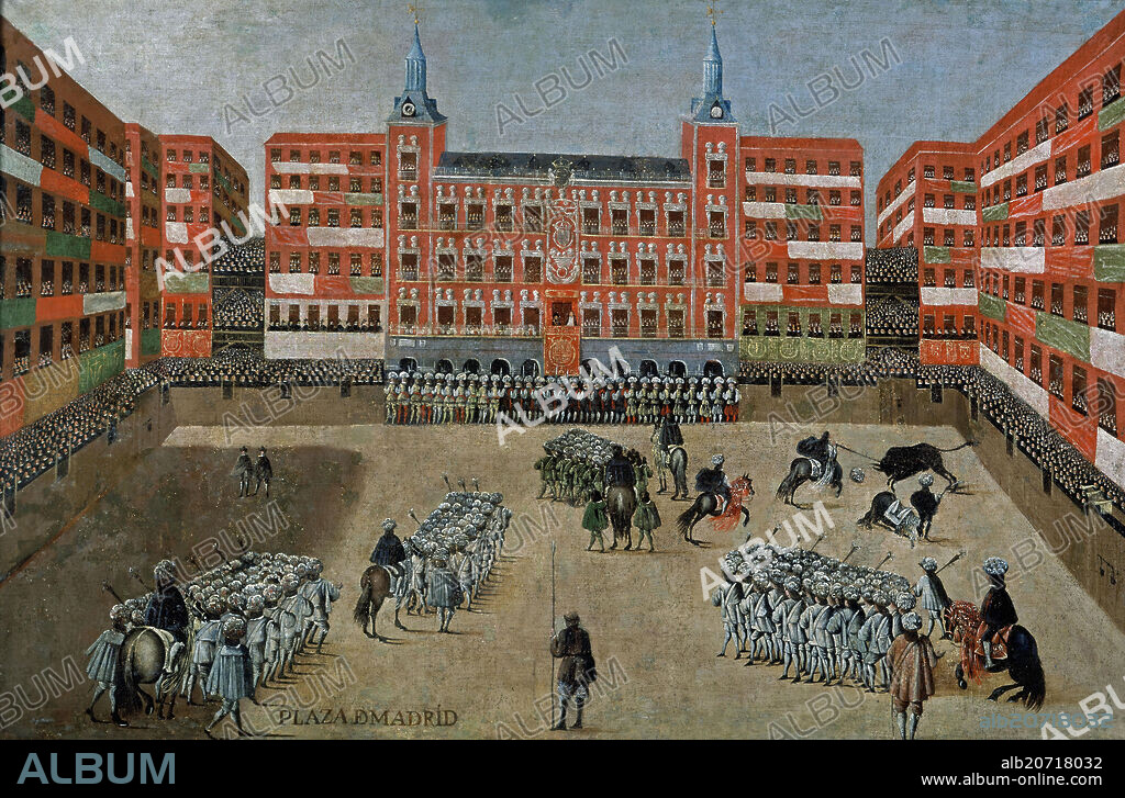 Spanish School. View of the Plaza Mayor during the ferias. Marianne of Austria and Charles II. 17th century. Madrid, Public museum.