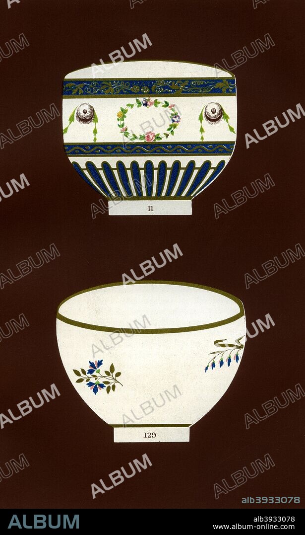 Derby patterns, 1876. Royal Crown Derby china designs. A print from The Old Derby China Factory: The Workmen and their Productions, by John Haslem, George Bell and Sons, London, 1876.