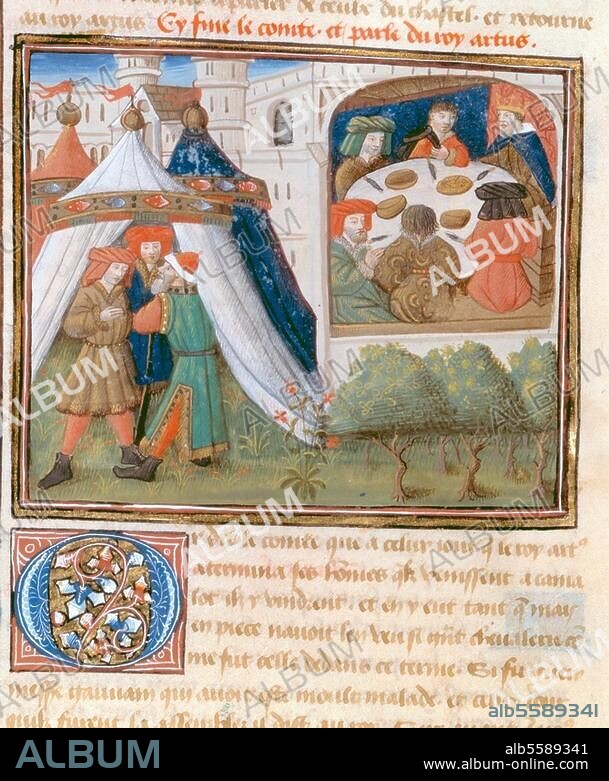 ANONYME. Arthur, roi breton légendaire, vers 500. Le repas du roi Arthur. Enluminure française, 15ème siècle. Du "Livre de Messire Lancelot du lac" de Gautier de Moap. Ms. français 111, fol. 283 v, Paris, Bibliothèque Nationale.