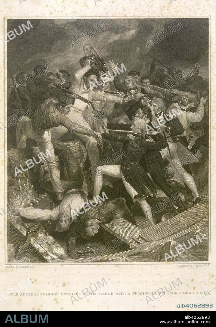 JAMES STANIER CLARKE, JOHN MACARTHUR and A SMITH. Rear Admiral Nelson. The Life of Admiral Lord Nelson, K.B., from his Lo. T. Cadell & W. Davies: London, 1809. Rear Admiral Nelson's conflict in his barge with a Spanish launch, night of July 3, 1797'.  Image taken from The Life of Admiral Lord Nelson, K.B., from his Lordship's manuscripts. [With plates.]  Originally published/produced in T. Cadell & W. Davies: London, 1809. . Source: 1859.c.5 volume 2, opposite 24. Language: English.