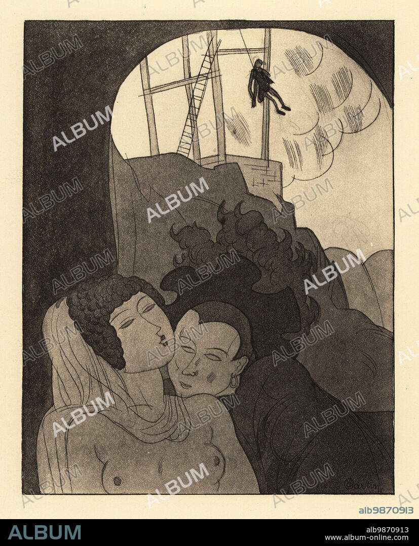A man and woman embrace under a hanged man. The widow of Ephesus and the sentinel canoodle under her husbands corpse hanging from a gibbet. The Ephesian matron. Le matrone dEphise. From the Satyricon. Lithograph after an illustration by Charles Martin from Jean de la Fontaines Contes et Nouvelles en Vers, Tales and Novellas in Verse, Libraire de France, Paris, 1930.