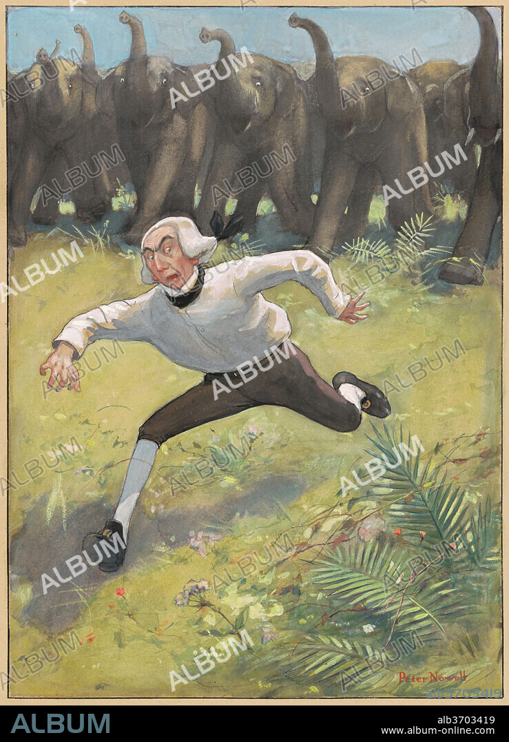 PETER NEWELL. Man Running from Elephants. Dated: 1901. Dimensions: sheet: 33.66 × 24.13 cm (13 1/4 × 9 1/2 in.)  board: 43.5 × 34.29 cm (17 1/8 × 13 1/2 in.). Medium: watercolor, gouache, and pen and black ink over graphite on wove paper mounted to board.