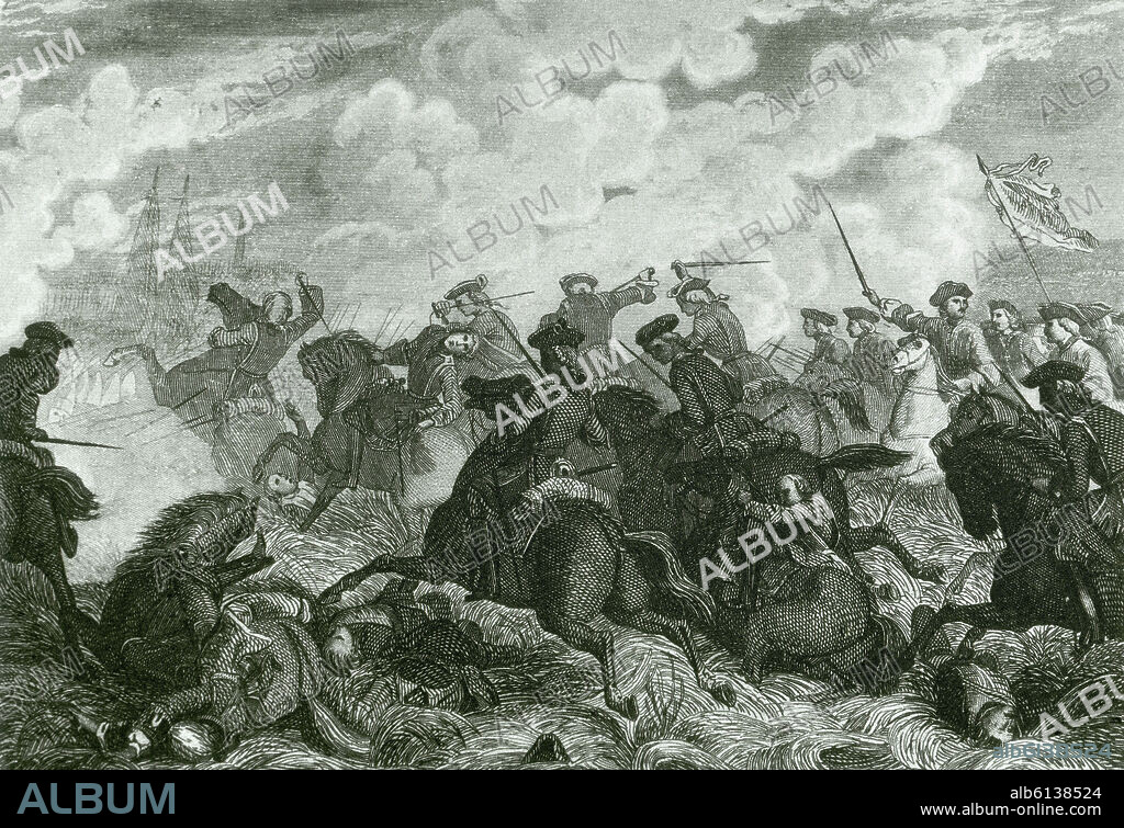BATALLA DE VILLAVICIOSA EN 1710 - VICTORIA DE FELIPE V EN LA GUERRA DE SUCESION ESPAÑOLA - GRABADO.