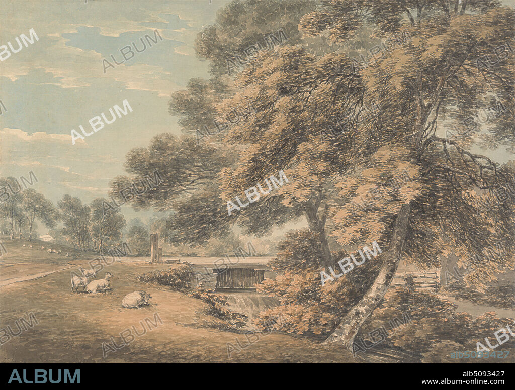 The Trees and River in the Park at Coleorton Hall, Leicestershire, Thomas Hearne, 17441817, British, undated, Watercolor and black ink over graphite on moderately thick, slightly textured, cream wove paper, Sheet: 7 3/8 x 10 1/2 inches (18.7 x 26.7 cm), bridge (built work), bushes, country house, fences, field, garden, gate, grass, grazing, hall, herd, lambs, landscape, park (grounds), pastoral, path, river, sheep, sunshine, trees, Coleorton, Coleorton Hall, England, Europe, Leicestershire, United Kingdom.
