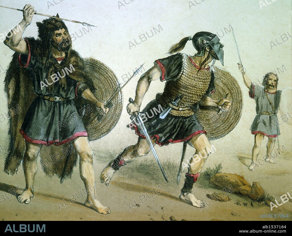 Tiempos primitivos. Guerrero Astur y Celtíbero. Dibujo de Villegas. Lámina número 1 del ALBUM DE LA INFANTERIA ESPAÑOLA del Teniente General Conde de Clonard. Litografía Militar, Madrid, año 1861.
