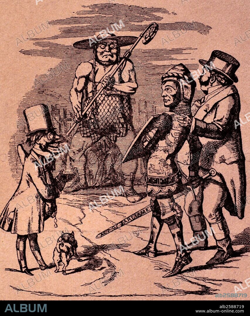 Sir John Tenniel's (1820-1914) first cartoon for Punch. A British illustrator, graphic humourist and political cartoonist, well known for his illustration of Alice's Adventures in Wonderland. Dated 1851.
