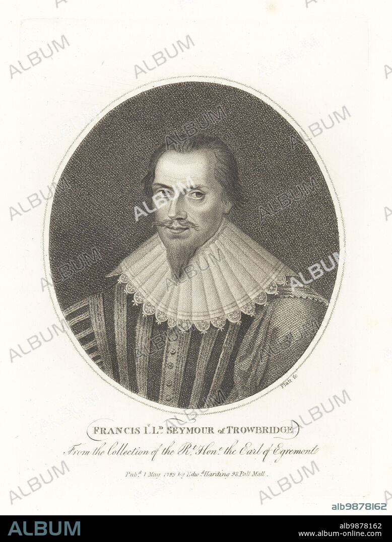 Francis Seymour, 1st Baron Seymour of Trowbridge, c. 1590-1664. English politician and Royalist, knighted by King Charles I and later privy counsellor to Charles II after the Restoration. Francis, 1st Lord Seymour of Throwbridge. In van Dyke beard, tall lace collar, striped doublet. From the painting by William Larkin at Petworth House. Copperplate engraving by Platt from John Adolphus The British Cabinet, containing Portraits of Illustrious Personages, printed by T. Bensley for E. Harding, 98 Pall Mall, London, 1799.