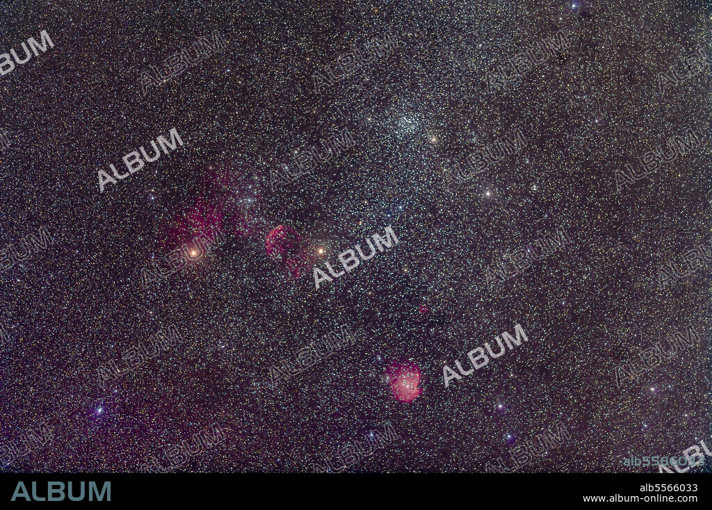 The area of sky around the star cluster Messier 35, at top in Gemini, with the supernova remnant IC 443 below, and the Monkey Head Nebula, NGC 2174, in Orion at bottom.