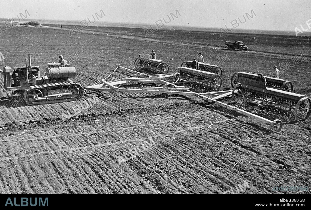 Sowing on a collective farm on the steppes of the Ukraine, USSR (Union of Soviet Socialist Republics). 1930-1940.
