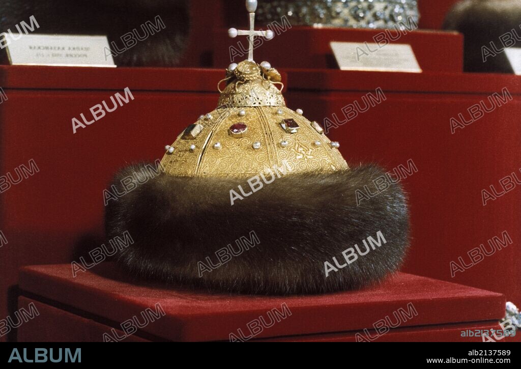 The crown of monomakh (peter the great) at the kremlin armory in moscow, russia.