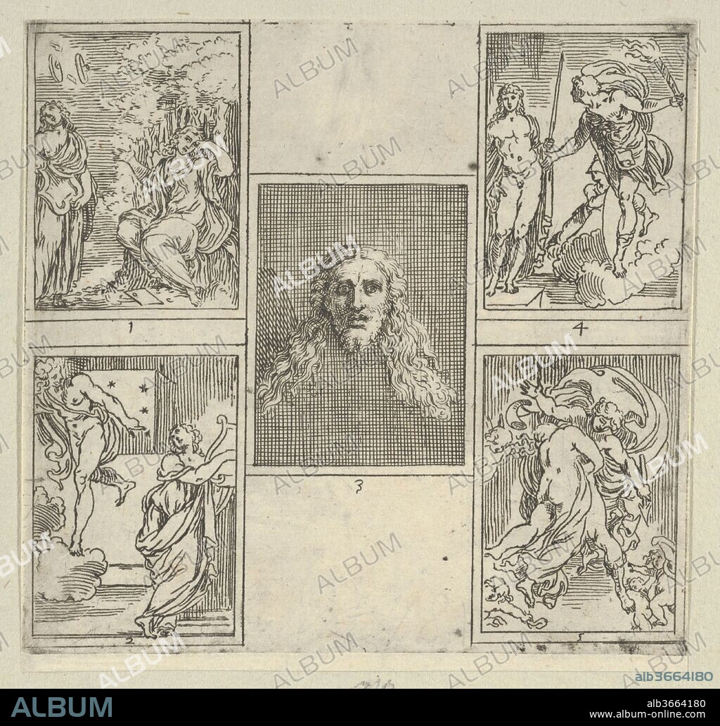 Five numbered scenes, each after a painter in the Accademia Degl'Incamminati, from IL FUNERALE D'AGOSTINO CARRACCIO FATTO IN BOLOGNA SUA PATRIA DAGL'INCAMINATI Academici del Disegno: 1. Painting and Poetry mourning the death of Agostino Carracci, painted by Francesco Brizio; 2. Painting with a lyre and Apollo pointing to stars on Carracci's grave, design by Giacomo Cavedone; 3. The head of Christ, painted by Agostino Carracci; 4. Prometheus with a torch and Athena behind him, painted by Alessandro Albini; 5. Aurora abducting Cephalus, painted by Leonello Spada. Artist: Guido Reni (Italian, Bologna 1575-1642 Bologna); After Agostino Carracci (Italian, Bologna 1557-1602 Parma); After Francesco Brizio (Italian, Bologna ca. 1574-1623 Bologna); After Giacomo Cavedone (Italian, Sassuolo 1577-1660 Bologna); After Alessandro Albini (Italian, Bologna 1568-1646 Bologna); After Leonello Spada (Italian, Bologna 1576-1622 Parma). Dimensions: sheet: 4 1/2 x 4 3/4 in. (11.5 x 12 cm). Series/Portfolio: IL FUNERALE D'AGOSTIN CARRACCIO FATTO IN BOLOGNA SUA PATRIA DAGL'INCAMINATI Academici del Disegno. Date: 1603.
One of seven plates by Reni that illustrate the temporary decorations for the memorial service for the painter Agostino Carracci, from IL FUNERALE D'AGOSTINO CARRACCIO FATTO IN BOLOGNA SUA PATRIA DAGL'INCAMINATI Academici del Disegno, a quarto volume also containing a frontispiece by Francesco Brizio and a description of the service written by Vittorio Benacci; published in Bologna in 1603 (see also 51.501.4890, 4892, 4893).