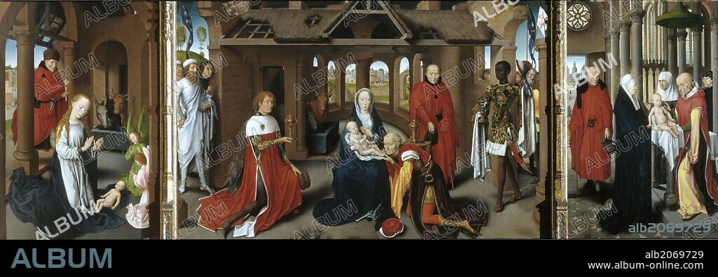 Hans Memling / 'Natividad. Adoración de los Reyes Magos. Purificación', 1479-1480, Escuela Flamenca, Óleo sobre Tabla, 95 cm x 271 cm, P01557.