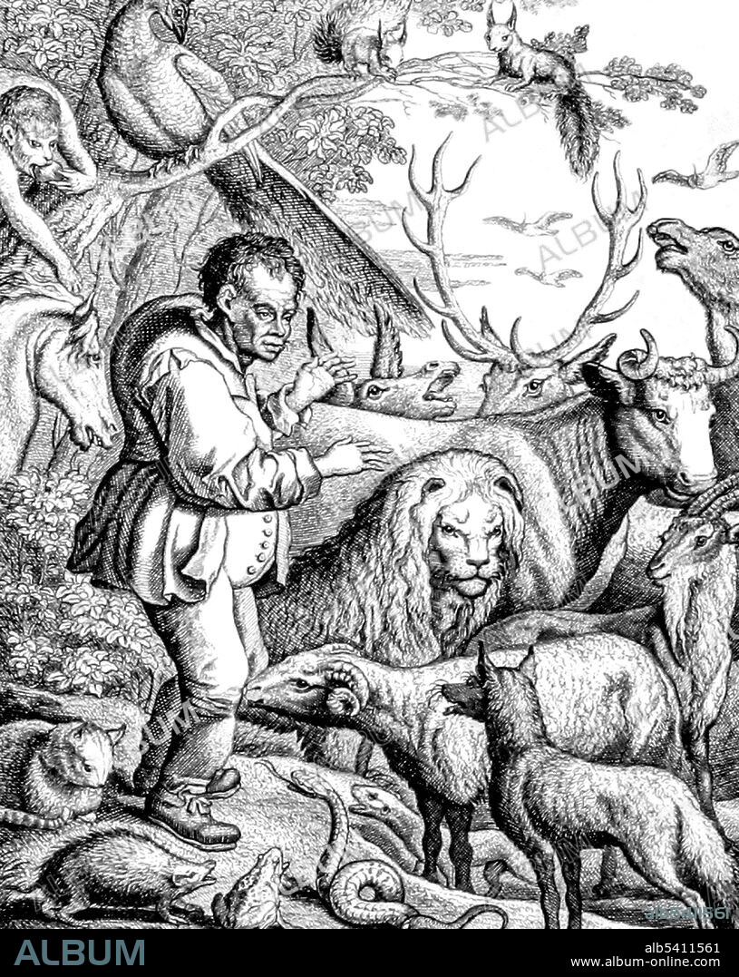 Aesop (620 - 564 BC) was a Greek fabulist and storyteller. Aesop's Fables is a collection of fables credited to him. Of diverse origins, the stories associated with his name have descended to modern times through a number of sources and continue to be reinterpreted in different verbal registers and in popular as well as artistic media. Many of the tales are characterized by animals and inanimate objects that speak, solve problems, and have human characteristics. Some scholars believe Aesop was Ethiopian supported by the presence of camels, elephants and apes in the fables. Woodcut (cropped and converted to bw) by Francis Barlow, from The Fables of Aesop translated by John Ogilvy, circa 1666.