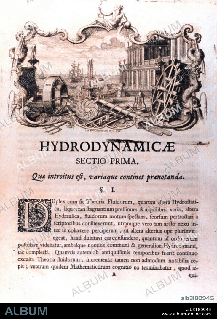 First section of 'Hydrodynamica' by Daniel Bernoulli, 1700-1782. Published in 1738.