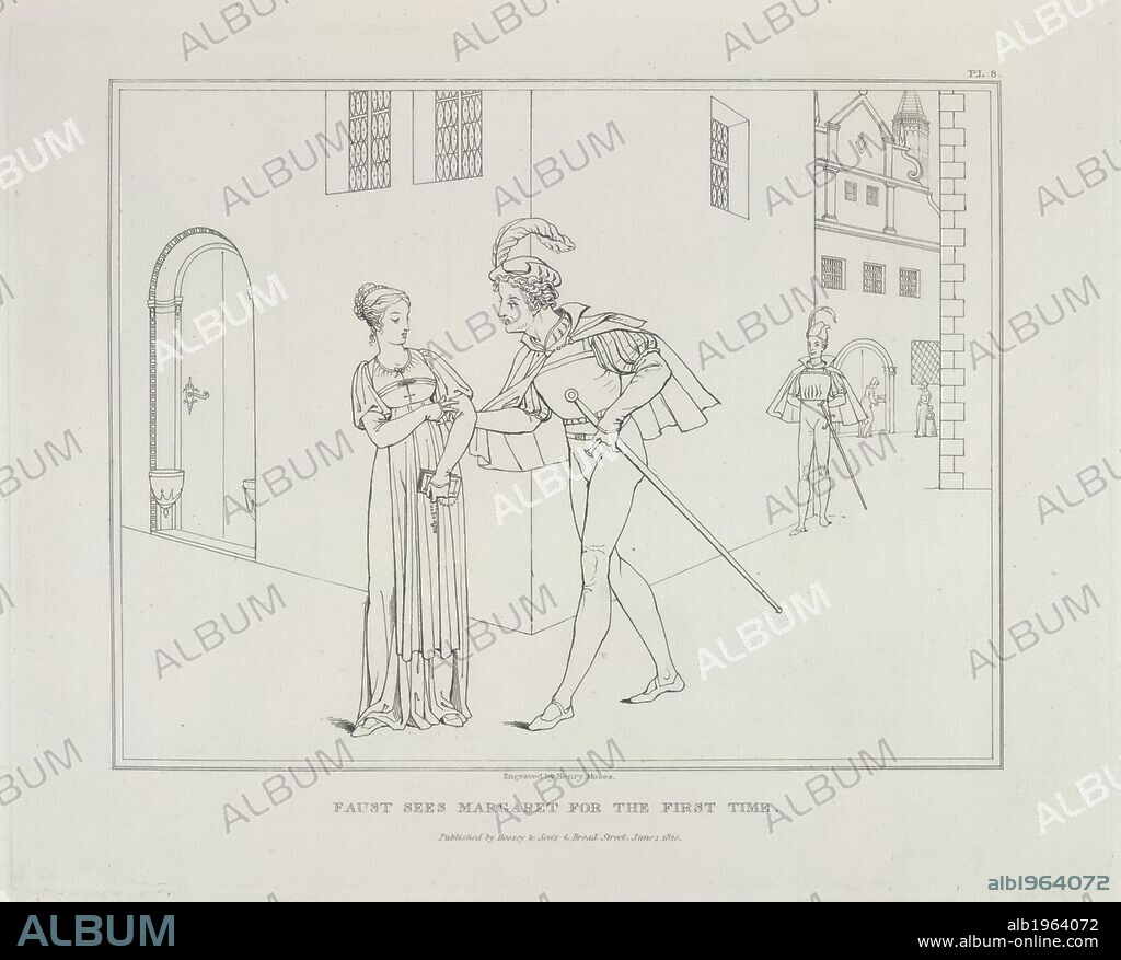 HENRY MOSES and FRIEDRICH AUGUST MORITZ RETZSCH. Faust sees Margaret for the first time: outline engraving after Moritz Retzsch. Retsch's series of twenty-six outlines illustrative of Goethe's tragedy of Faust, engraved from the originals by H. Moses. And an analysis of the tragedy. Boosey and Sons: London, 1820. Source: C.57.h.2, plate 8. Language: English.