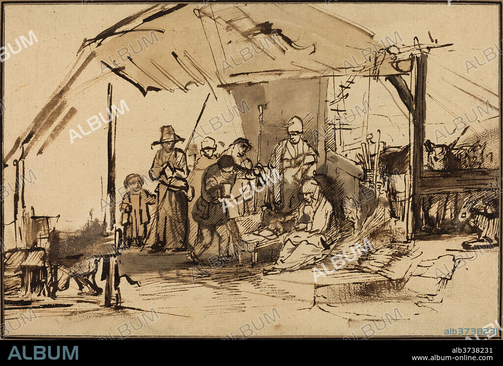 STUDIO OF REMBRANDT VAN RIJN. The Adoration of the Shepherds. Dimensions: Overall: 18.6 x 27.8 cm (7 5/16 x 10 15/16 in.)  support: 31 x 40.3 cm (12 3/16 x 15 7/8 in.). Medium: pen and brown ink with gray-brown wash.