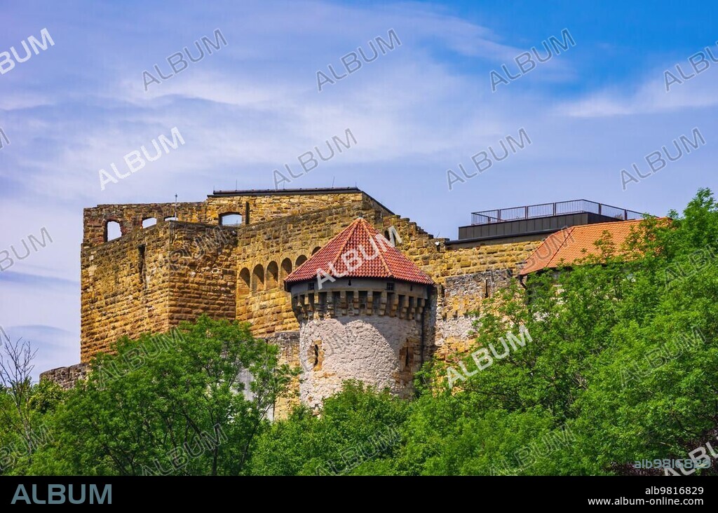 View of the ruins of Hohenrechberg Castle; a medieval Spornburg; seen from Rechberg; a district of Schwäbisch Gmünd; Baden-Württemberg; Germany; Europe.