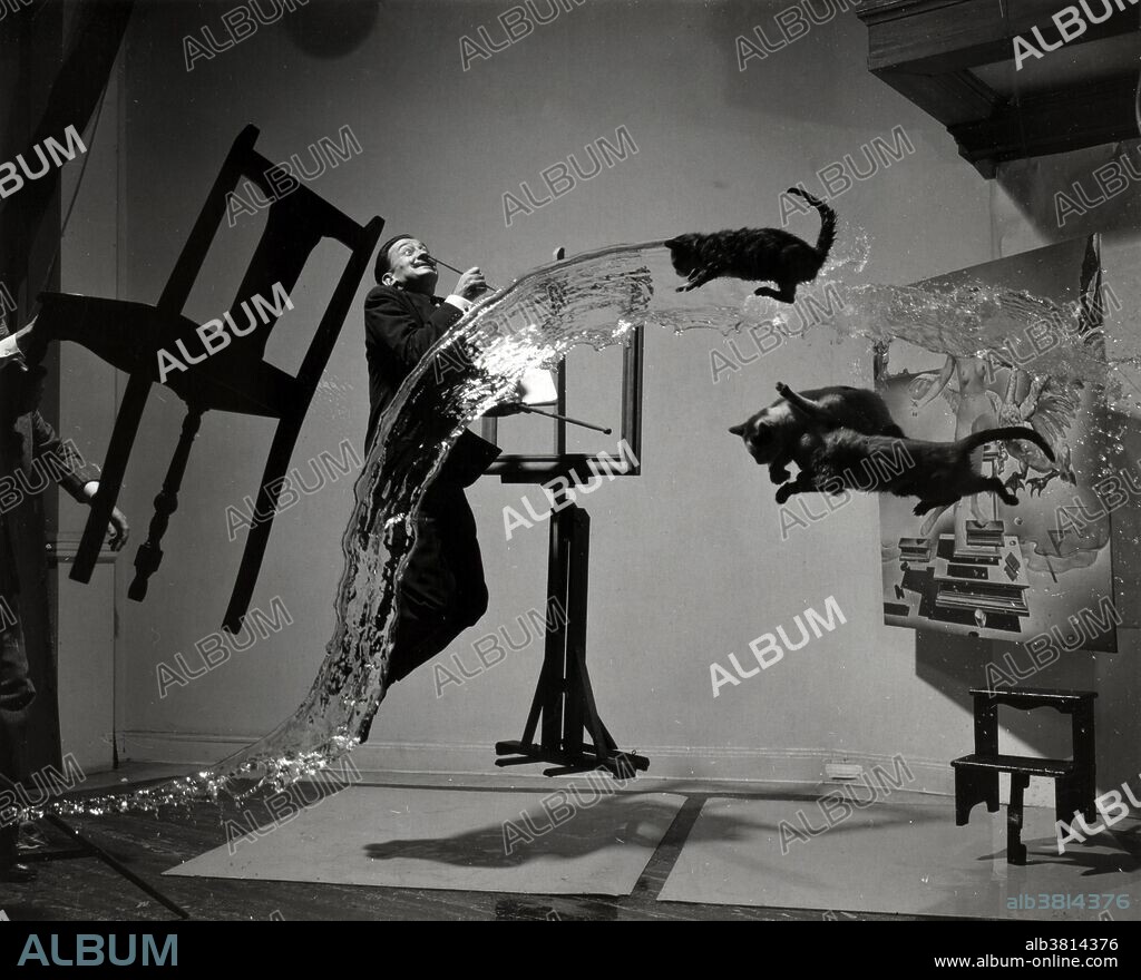 SALVADOR DALÍ. Dali, with objects hanging by wires, cats, and water caught in surreal motion photographed by Phillip Halsman, 1948. Salvador Domingo Felipe Jacinto DalÃ­ i DomÃ¨nech, 1st MarquÃ©s de DalÃ­ de Pubol (May 11, 1904 - January 23, 1989) was a prominent Spanish Catalan surrealist painter. He was a skilled draftsman, best known for the striking and bizarre images in his surrealist work. His painterly skills are often attributed to the influence of Renaissance masters. His best-known work, The Persistence of Memory, was completed in August 1931. His expansive artistic repertoire included film, sculpture, and photography, in collaboration with a range of artists in a variety of media. He was highly imaginative, and also enjoyed indulging in unusual and grandiose behavior. His eccentric manner and attention-grabbing public actions sometimes drew more attention than his artwork, to the dismay of those who held his work in high esteem, and to the irritation of his critics. In 1989, while his favorite record of Tristan and Isolde played, DalÃ­ died of heart failure at the age of 84.