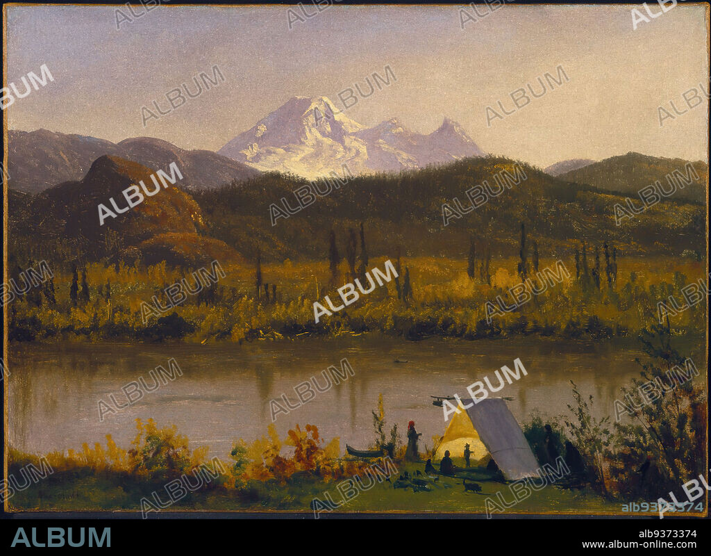 Mt. Baker, Washington, From the Frazier River, Albert Bierstadt, American, born Germany, 1830-1902, Oil on paper mounted to canvas, 1890, 14 1/4 x 19 5/8 in., 36.2 x 49.8 cm, 1890, 19th century, american, baker, camping, canoe, children, dog, exploration, family, foliage, frontier, green, Hudson River School, idyll, kids, landscape, leisure, manifest destiny, mountain, mountain scene, mountains, ndd7, outing, painting, peak, river, sky, snow-capped, sun, tent, The West, trees, trek, washington, water, x-ray, xray.