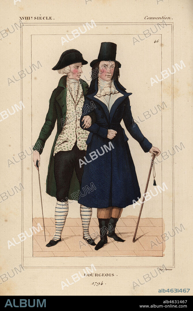 Bourgeois men, 1794, French National Convention era. Old man in the ancien style, and young man in the revolutionary style with white gilet a la Robespierre. Handcoloured lithograph from Le Bibliophile Jacob aka Paul Lacroix's Costumes Historiques de la France (Historical Costumes of France), Administration de Librairie, Paris, 1852.