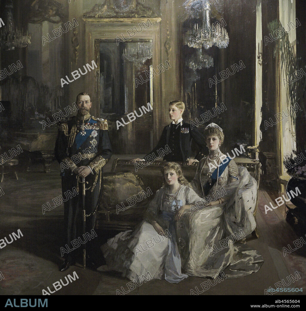 JOHN LAVERY (1856-1941). IRISH PAINTER.. The Royal Family at Buckingham Palace, 1913. Portrait by John Lavery (1856-1941). Oil on canvas (340,3 x 271,8 cm), 1913. King George V (1865-1936), Princess Mary, Countess of Harewood (1897-1965), Prince Edward, Duke of Windsor and future Edward VIII (1894-1972) and Queen Mary (1867-1953). Detail. National Portrait Gallery. London, England, United Kingdom.