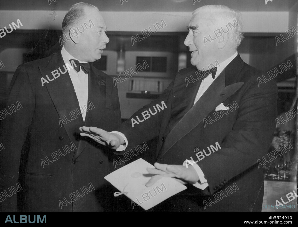 Mr. Menzies Tells The Duke - The Duke of Gloucester, President of the Australia club (left), seems to be spellbound by a story being told to him by Australian Prime Minister Mr. R.G. Menzies, guest of honour at the club's dinner in the Savoy hotel, London, this evening (Monday).The dinner was postponed from Australia day so that Mr. Menzies, who is in London for the Commonwealth Prime Minister's conference, could attend. January 31, 1955. (Photo by Reuterphoto).