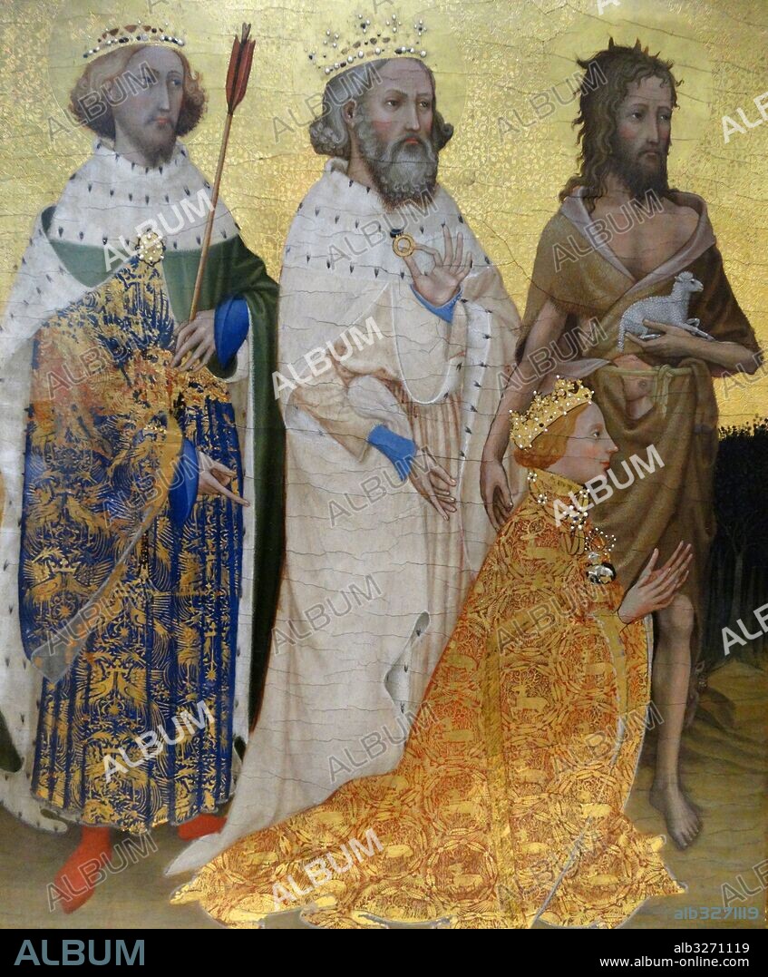 The Wilton Diptych by an Unknown Artist. On the left side, Richard II of England is knelt down. Dated 14th Century.