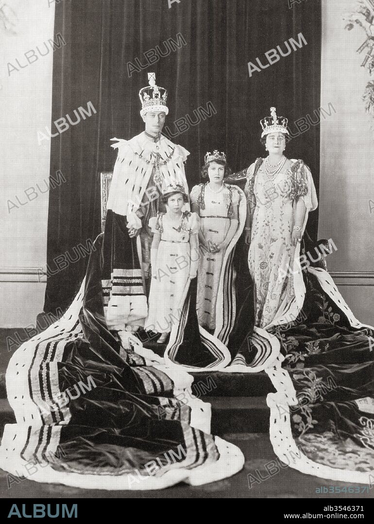 George VI on the day of his coronation with his wife Queen Elizabeth and their daughters Princess Elizabeth, right, and Princess Margaret, left, 12th May 1937. George VI,1895 – 1952. King of the United Kingdom and the Dominions of the British Commonwealth. Queen Elizabeth, Elizabeth Angela Marguerite Bowes-Lyon, 1900 –2002. Wife of King George VI and the mother of Queen Elizabeth II. Princess Elizabeth Alexandra Mary; born 1926. Future Queen Elizabeth II. Princess Margaret, 1930 – 2002, aka Princess Margaret Rose or Princess Margaret.