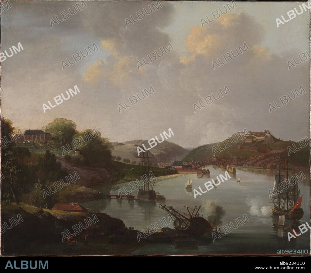 CHRISTIAN AUGUST LORENTZEN. View of Frederikshald, Norway, 1790-1799. (Careened ship being repaired in foreground).