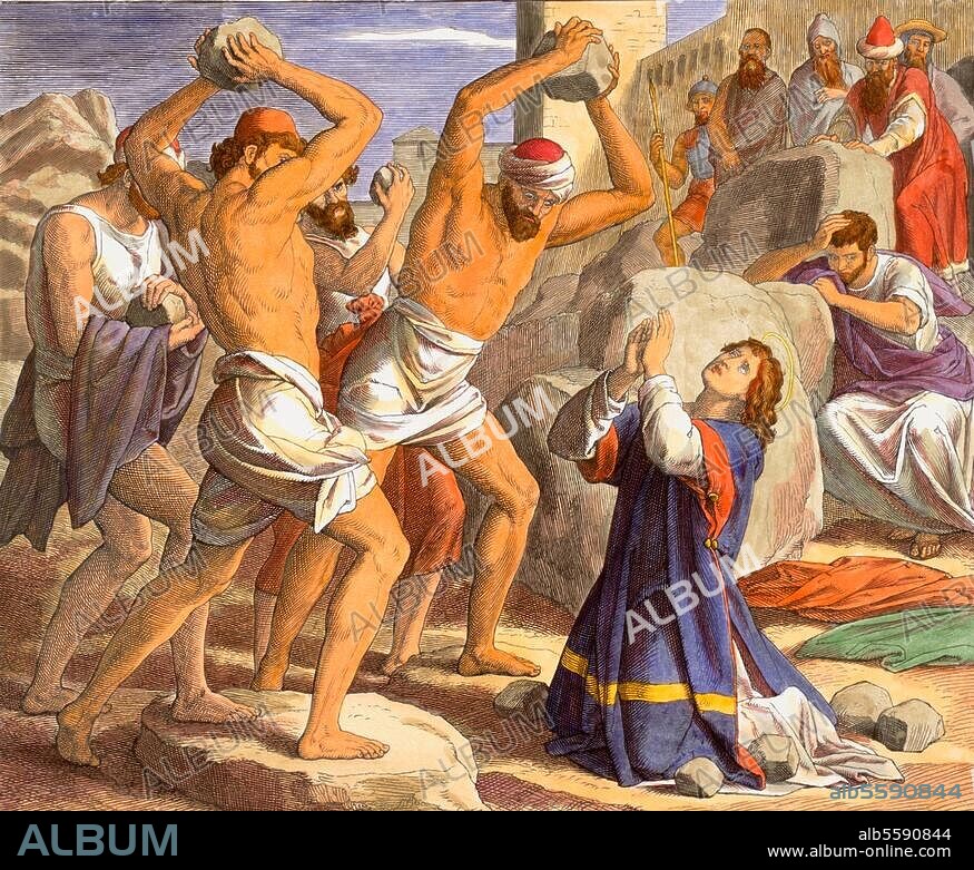 JULIUS SCHNORR VON CAROLSFELD. Schnorr von Carolsfeld, Julius; 1794-1874. "The Stoning of Saint Stephen". (Acts 7,57-59). Woodcut, colour added later. From: Die Bibel in Bildern (The Bible in Pictures), Leipzig (Georg Wigand) 1860, plate 228. Berlin, Sammlung Archiv für Kunst und Geschichte.