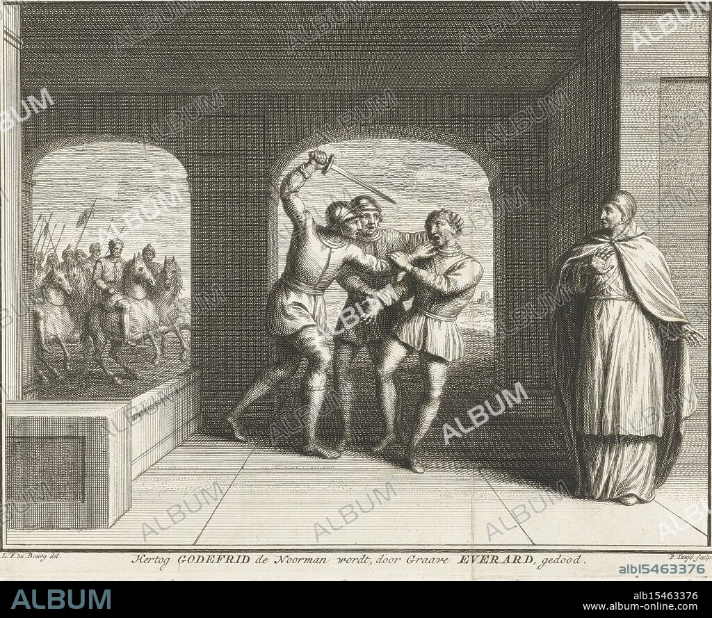 Dubourg, Louis Fabritius, Northern Netherlands, Tanjé, Pieter, Duke Godefrid the Norman is, by Count Everard killed, Murder of Godfried the Norseman, 885, The murder of Godfried the Norseman in 885. According to the title committed by Count Everard or Everhard. It is more likely that this concerns Gerolf of Holland., print, prent, historieprent, prints, prenten, Frederik Muller Historieplaten, height 166 mm, width 203 mm, Noord-Nederlands, 1706-02-15 - 1761-06-29, print maker, prentmaker, 1747 - 1759, second quarter 18th century, tweede kwart 18e eeuw, third quarter 18th century, derde kwart 18e eeuw, paper, papier, etching, etsen, engraving, graveren (drukprocedé), 1693 - 1775-09-16, intermediary draughtsman.